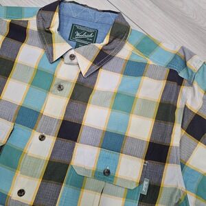 Woolrich Mens XXL‎ 2XL Plaid Button Down Shirt Short Sleeve Aqua Brown Cream